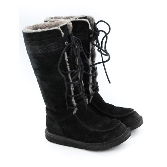 UGG Tularose 3331 Black Suede Aztec Sheepskin Warm Boot Lace Up - Picture 1 of 10